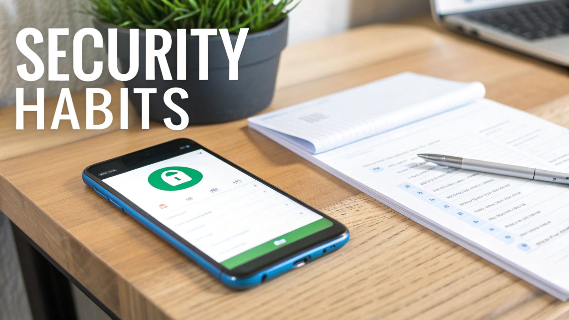 A smartphone showing a security lock icon on a desk with a notepad, pen, and plant, highlighting security habits.