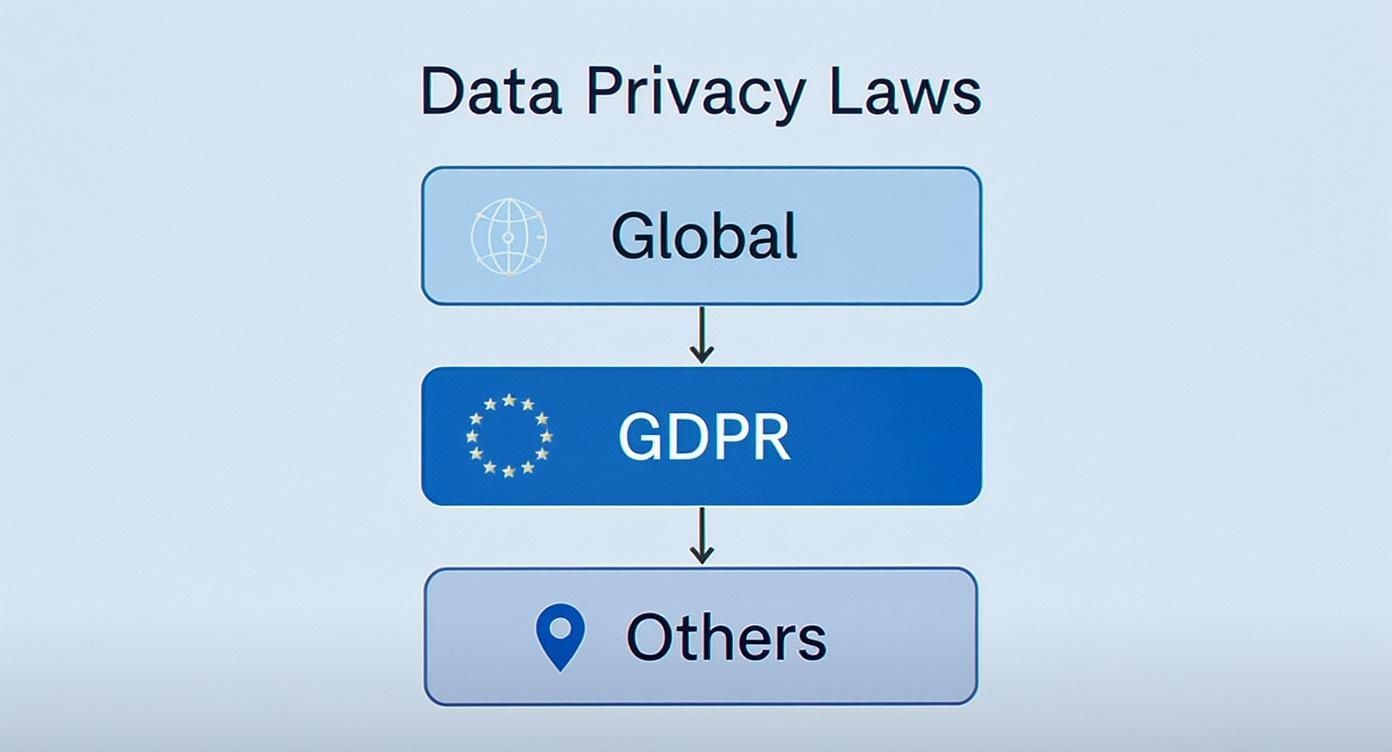 Flowchart illustrating data privacy laws hierarchy: Global regulations, GDPR, and other specific laws.