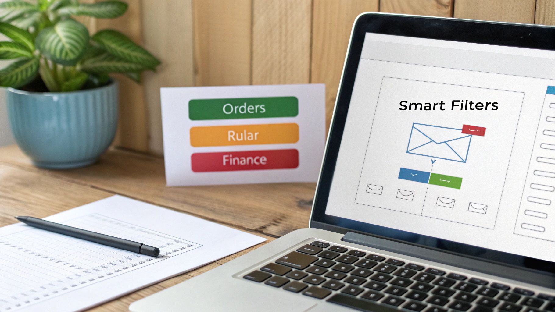 A digital interface showing various email filtering rules being set up, with icons for keywords, senders, and actions like 'archive' or 'delete'.