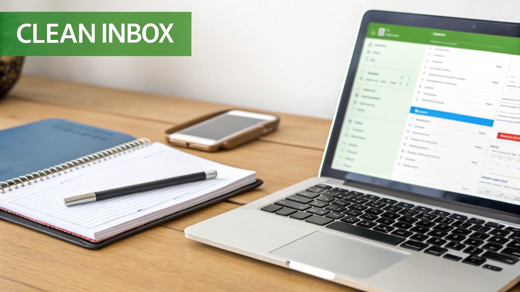 A person sitting at a desk, looking at a clean and organized email inbox on a large computer screen, feeling a sense of relief and control.