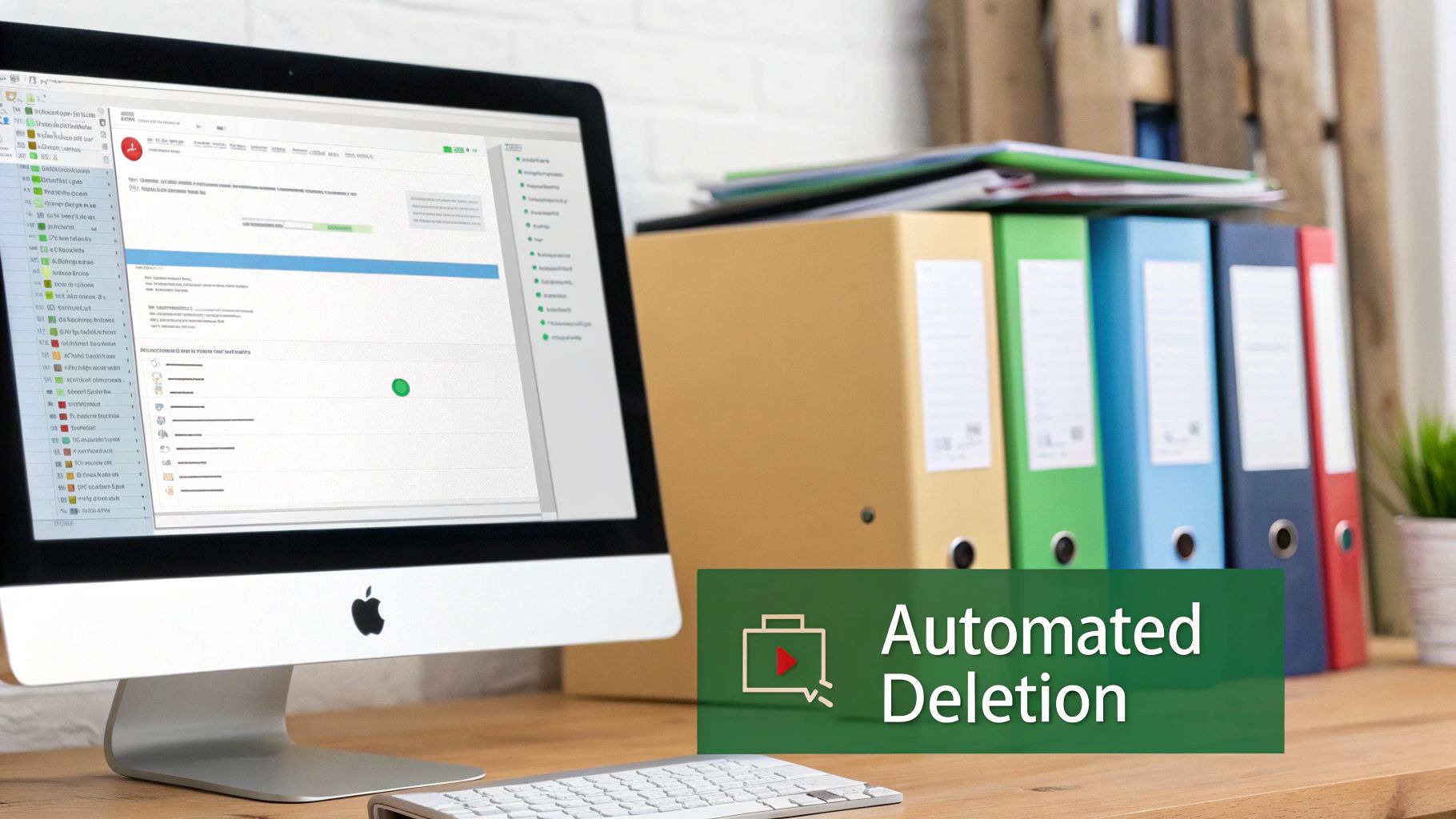 Computer monitor displaying automated deletion software, colorful binders, and a keyboard on an office desk.