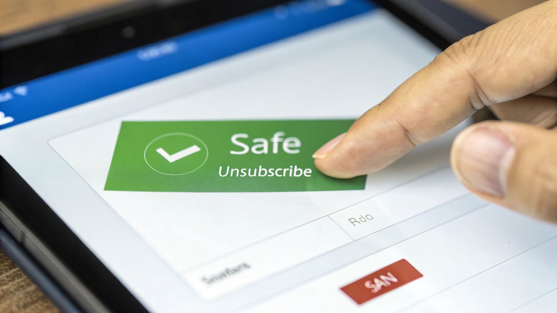 Close-up of a finger tapping an 'Unsubscribe' button on a tablet screen, indicating safe email management.
