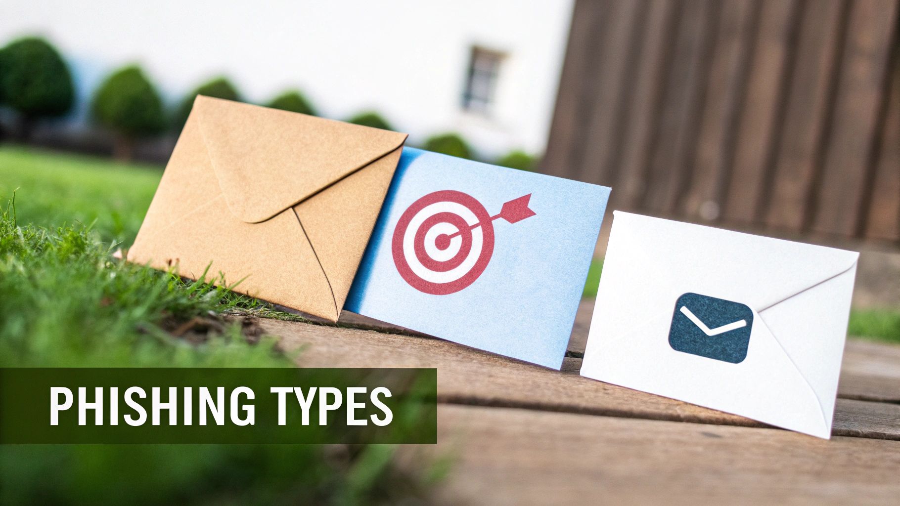 Three envelopes and cards on wood and grass, illustrating various phishing types and email scams.