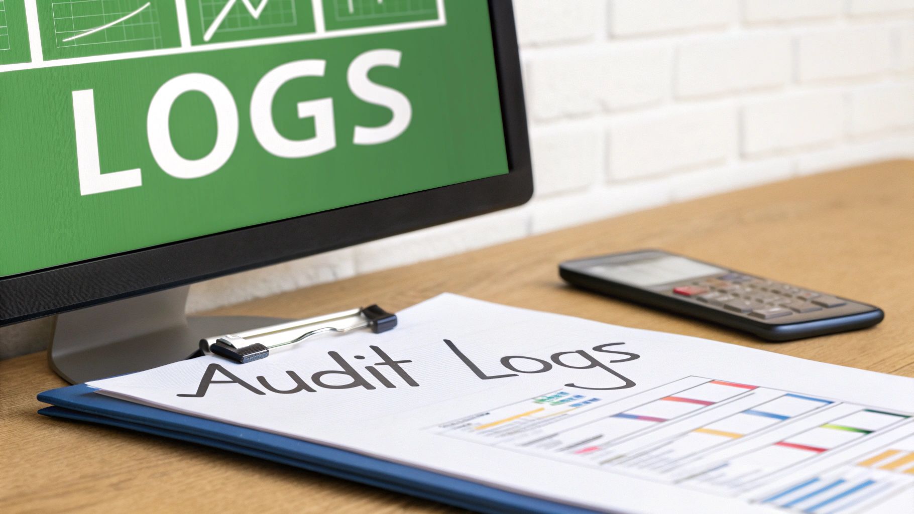A monitor displays 'LOGS' next to a document titled 'Audit Logs' with charts and a calculator.