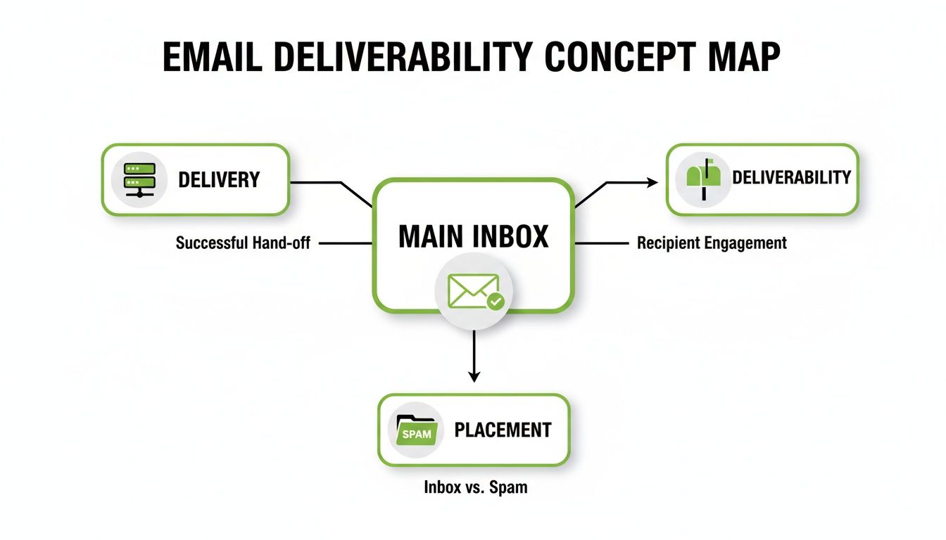 A concept map detailing email deliverability, showing steps from delivery to inbox and placement.