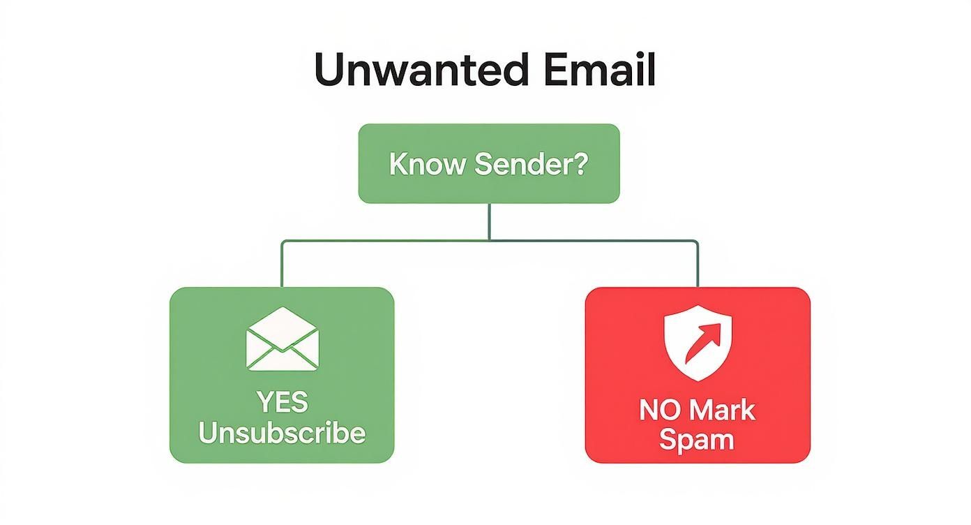 Infographic decision tree asking if you know the sender of an unwanted email. If yes, unsubscribe. If no, mark as spam.