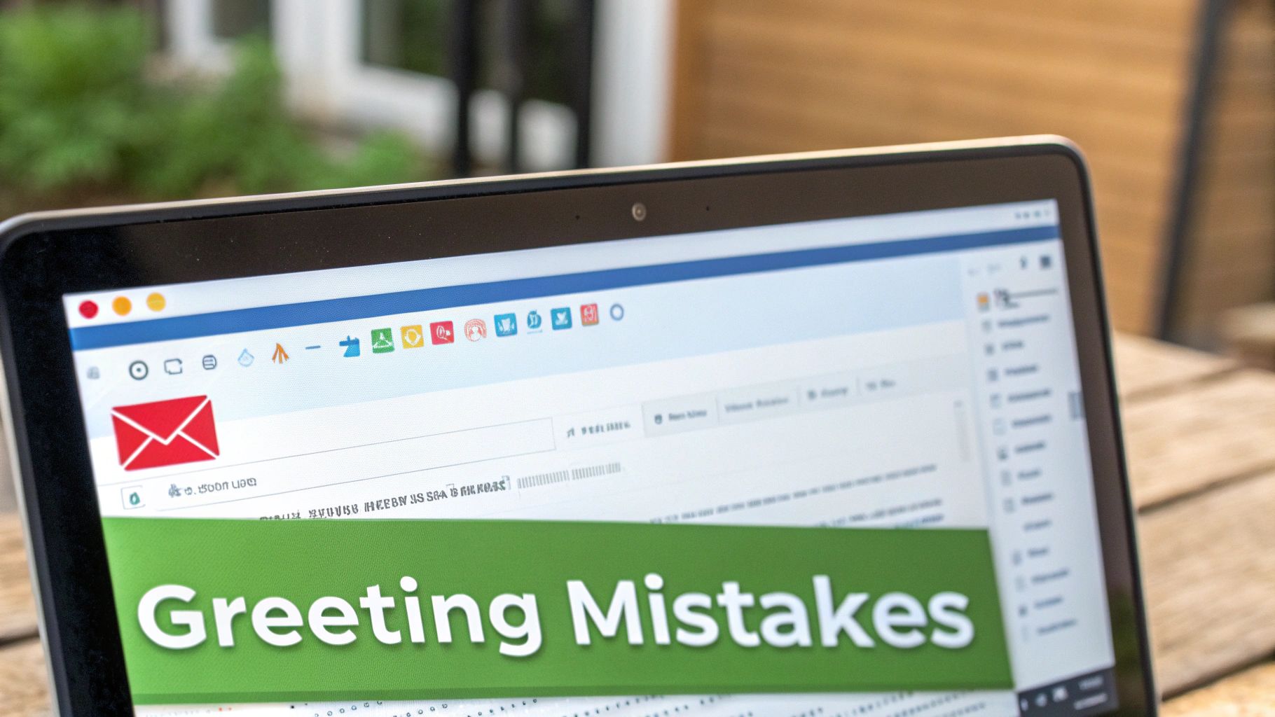 Laptop screen displaying an email client with a green banner that reads 'Greeting Mistakes' and a red email icon.