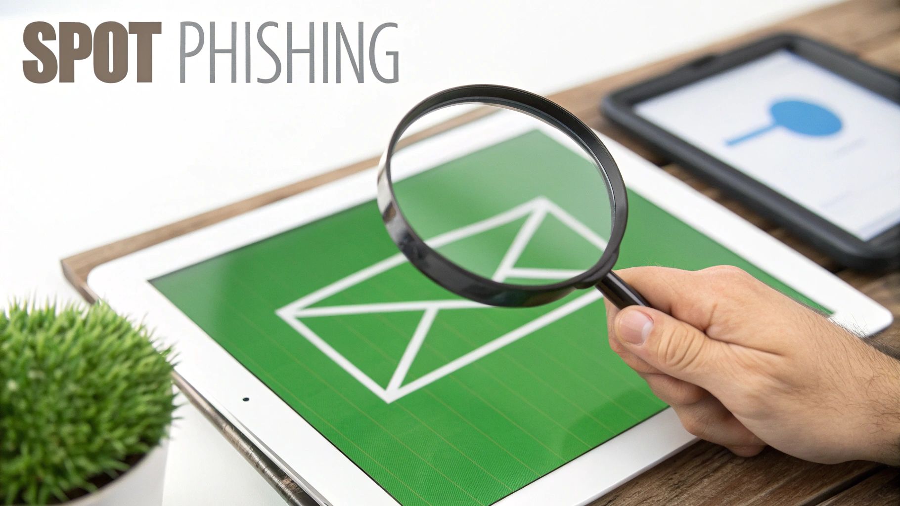 A magnifying glass hovering over a computer screen, closely examining the details of a suspicious email to spot phishing clues.
