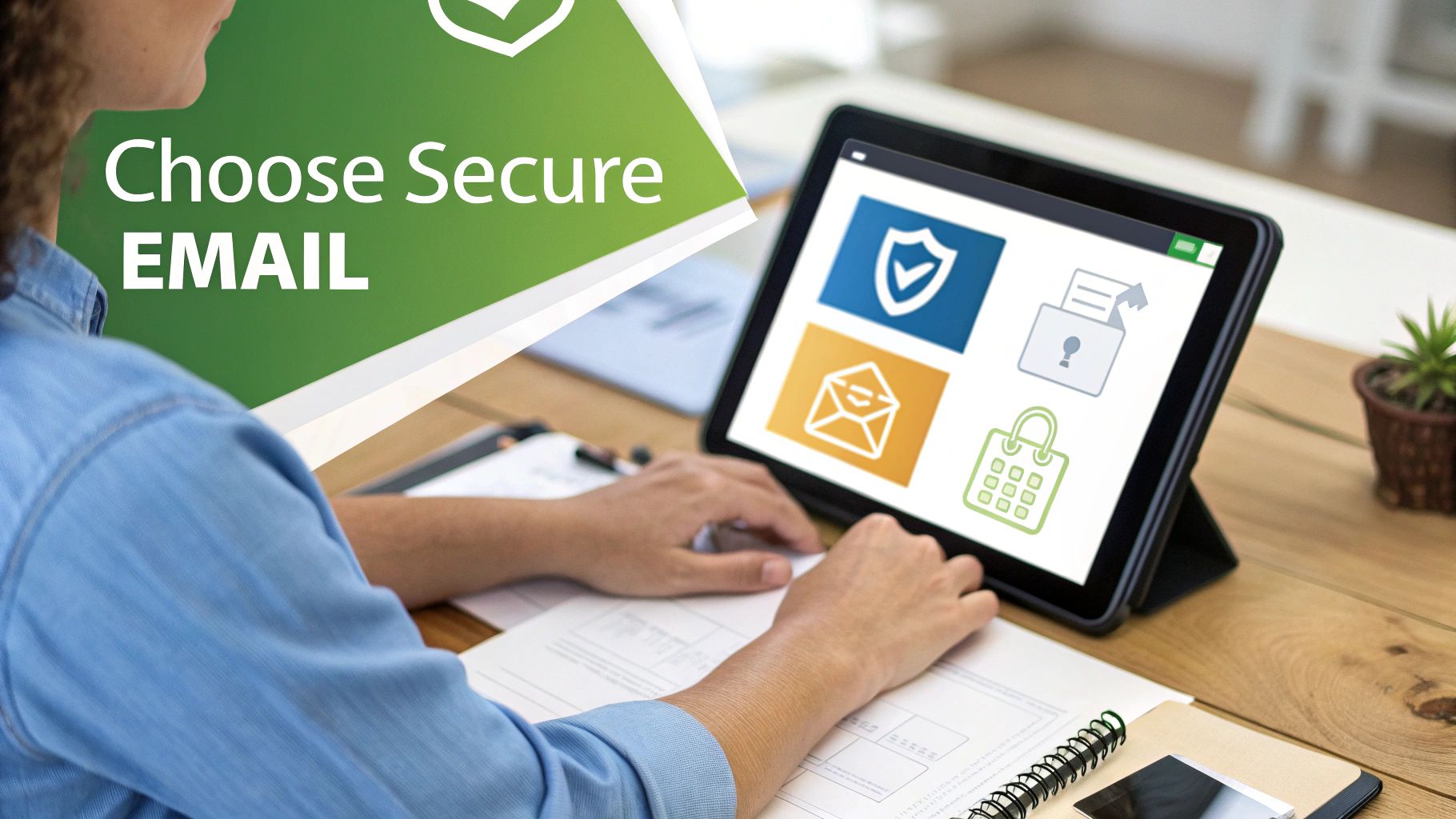 A person views a tablet displaying security icons and text: 'Choose Secure EMAIL'.