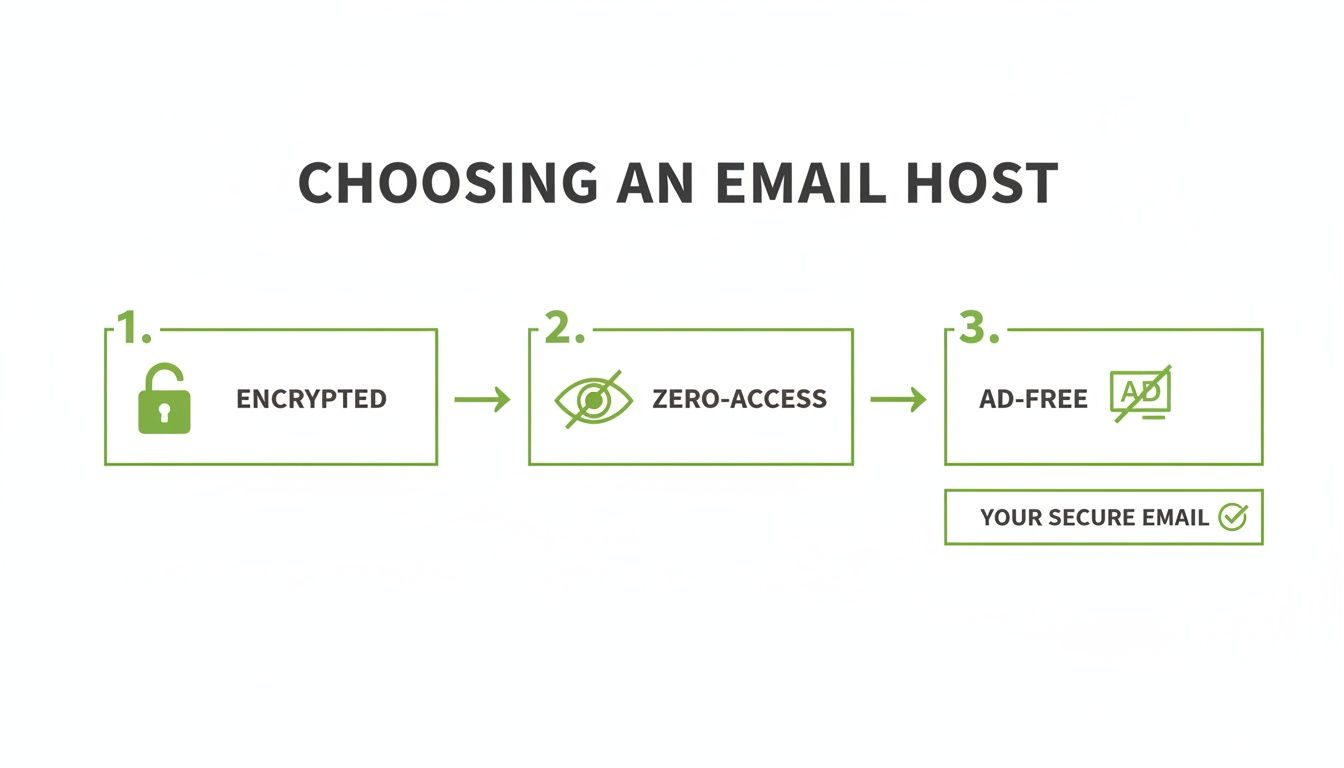 A three-step visual guide on choosing an email host: encrypted, zero-access, and ad-free for secure email.