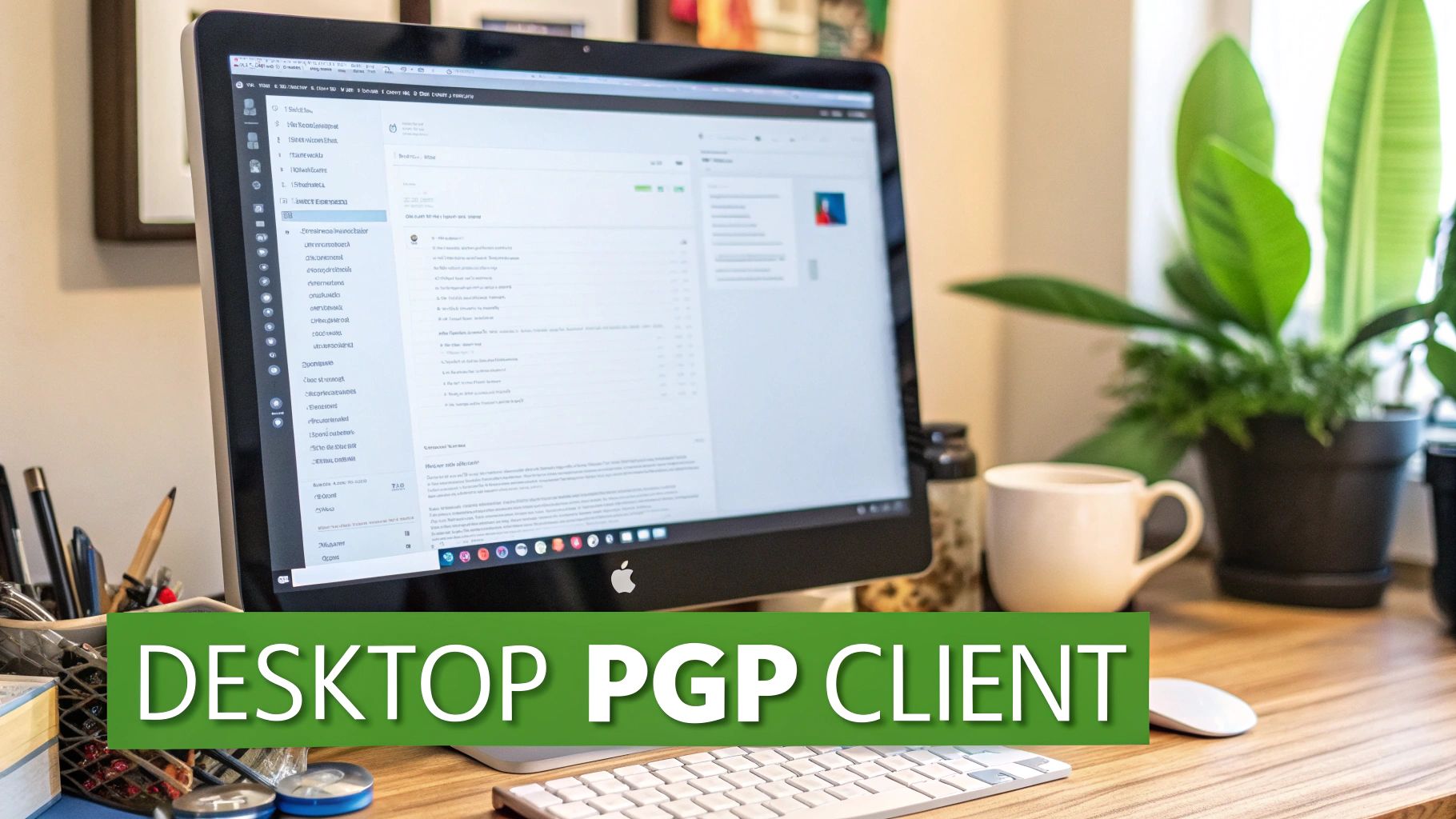 A desktop computer displaying a PGP client interface on the screen, ideal for secure email communication.