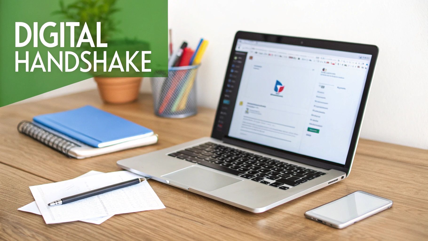 A professional woman working on her laptop in a modern office, representing business communication.