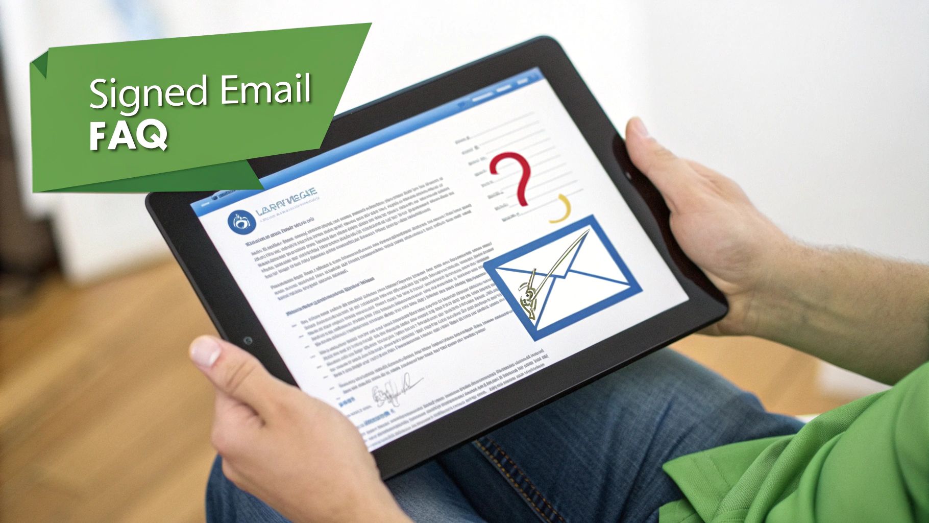 Person holding tablet displaying signed email FAQ document with question mark and envelope icon illustration