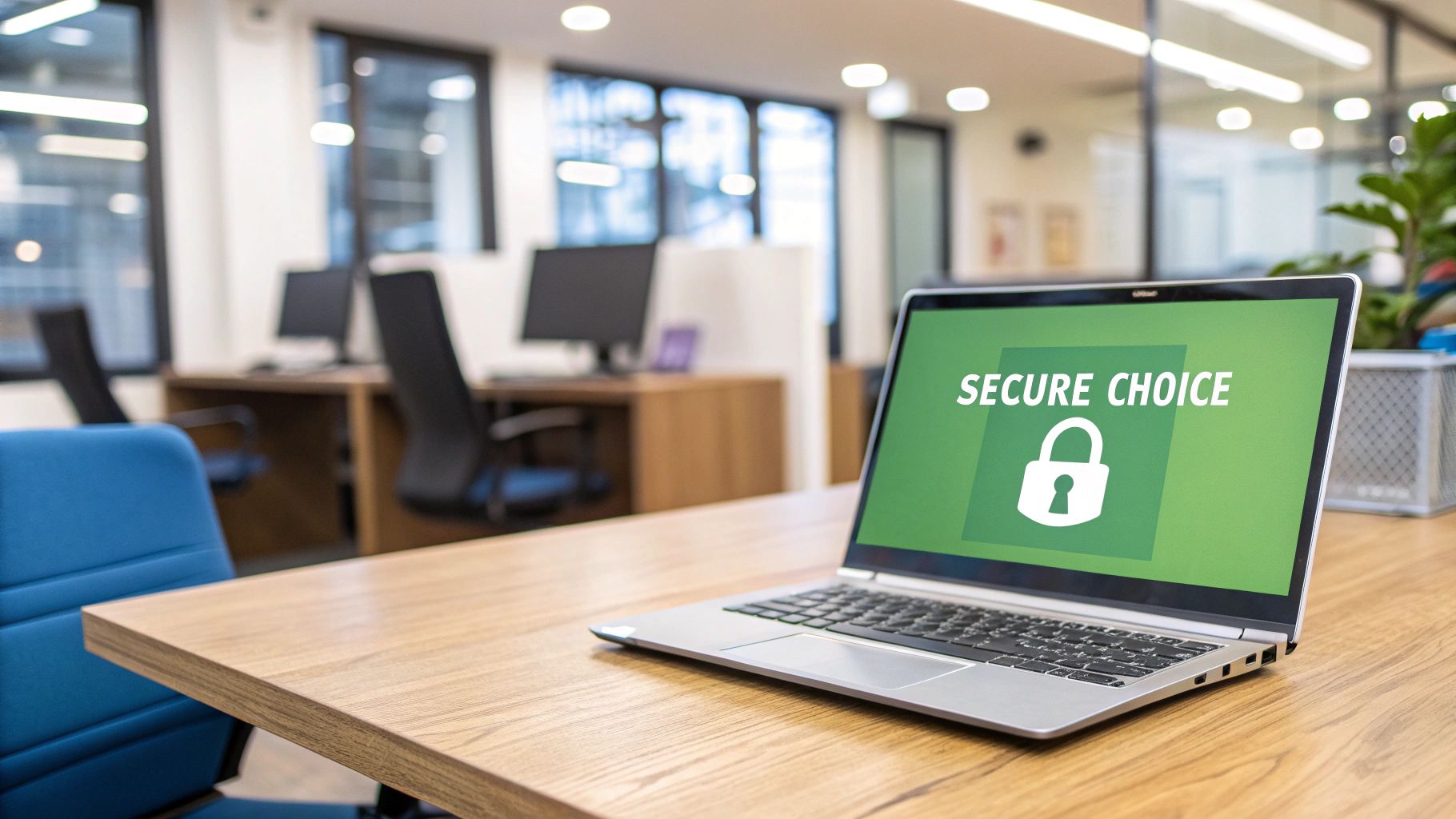 A person sitting at a desk and pointing at a large monitor displaying email security settings, symbolizing making a critical decision about email hosting.