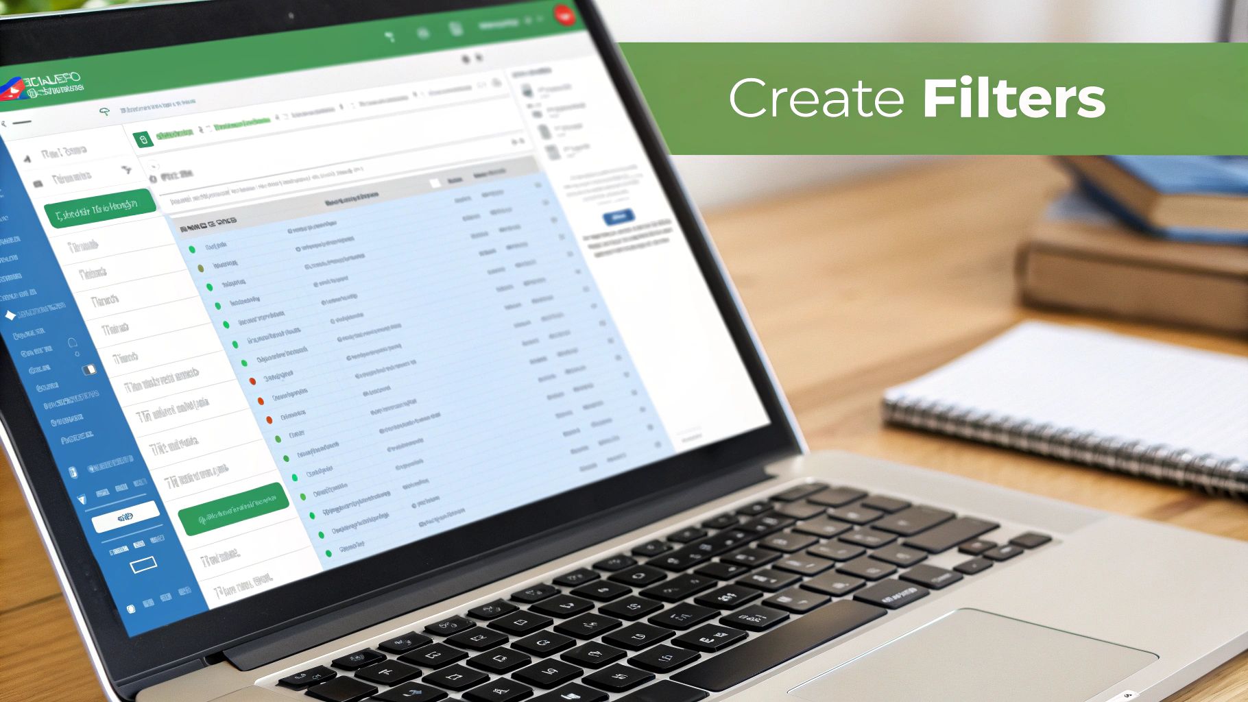A person using a laptop to adjust email security settings, with icons of shields and locks floating around the screen.
