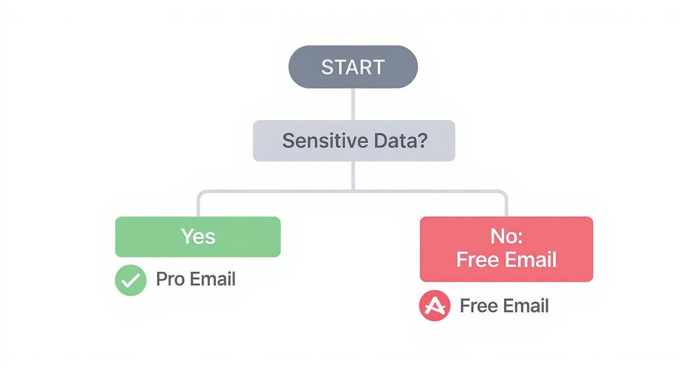 An infographic decision tree showing that if you handle sensitive data, a professional email is necessary for privacy and security.