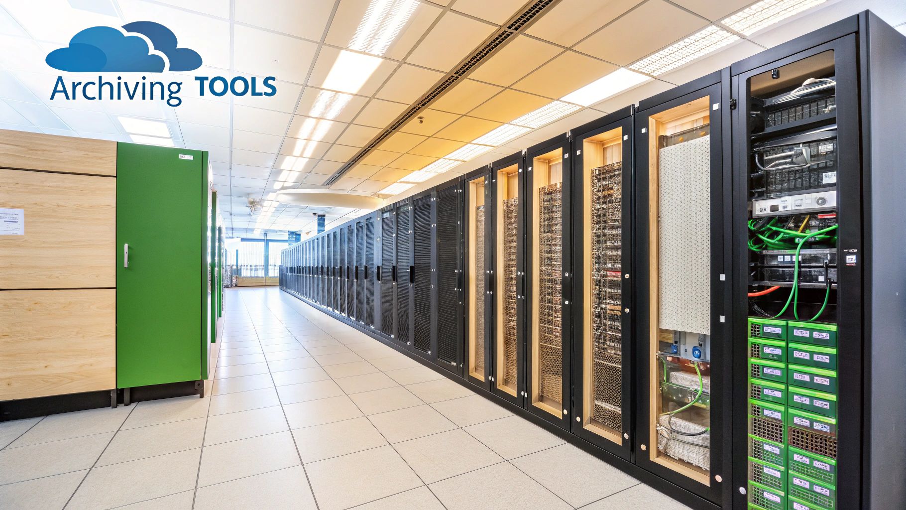 A clean, modern server room with glowing blue lights, representing scalable technology.