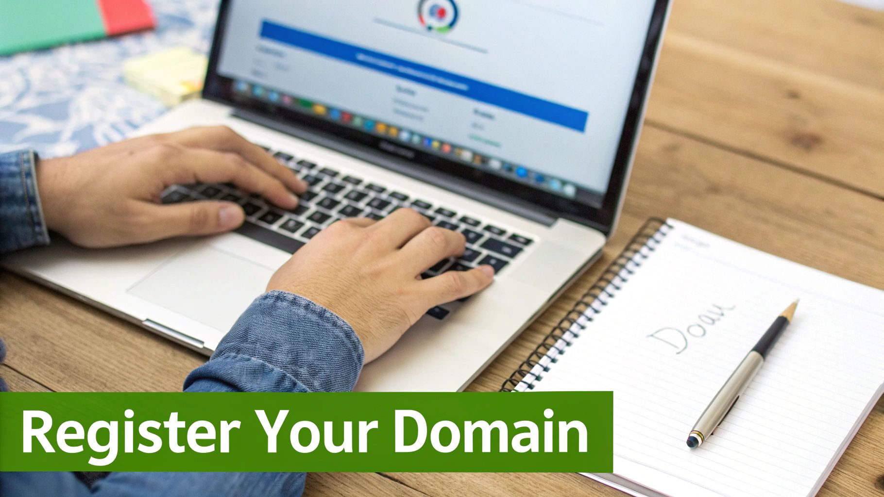 A person is typing on a silver laptop on a wooden desk with a notebook and pen, next to a 'Register Your Domain' banner.