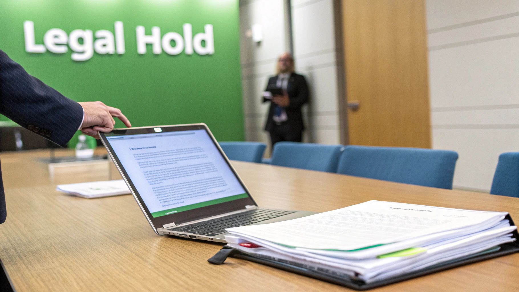 A person in a suit points to a laptop screen showing text, with documents on a table during a meeting with a "Legal Hold" sign in the background.