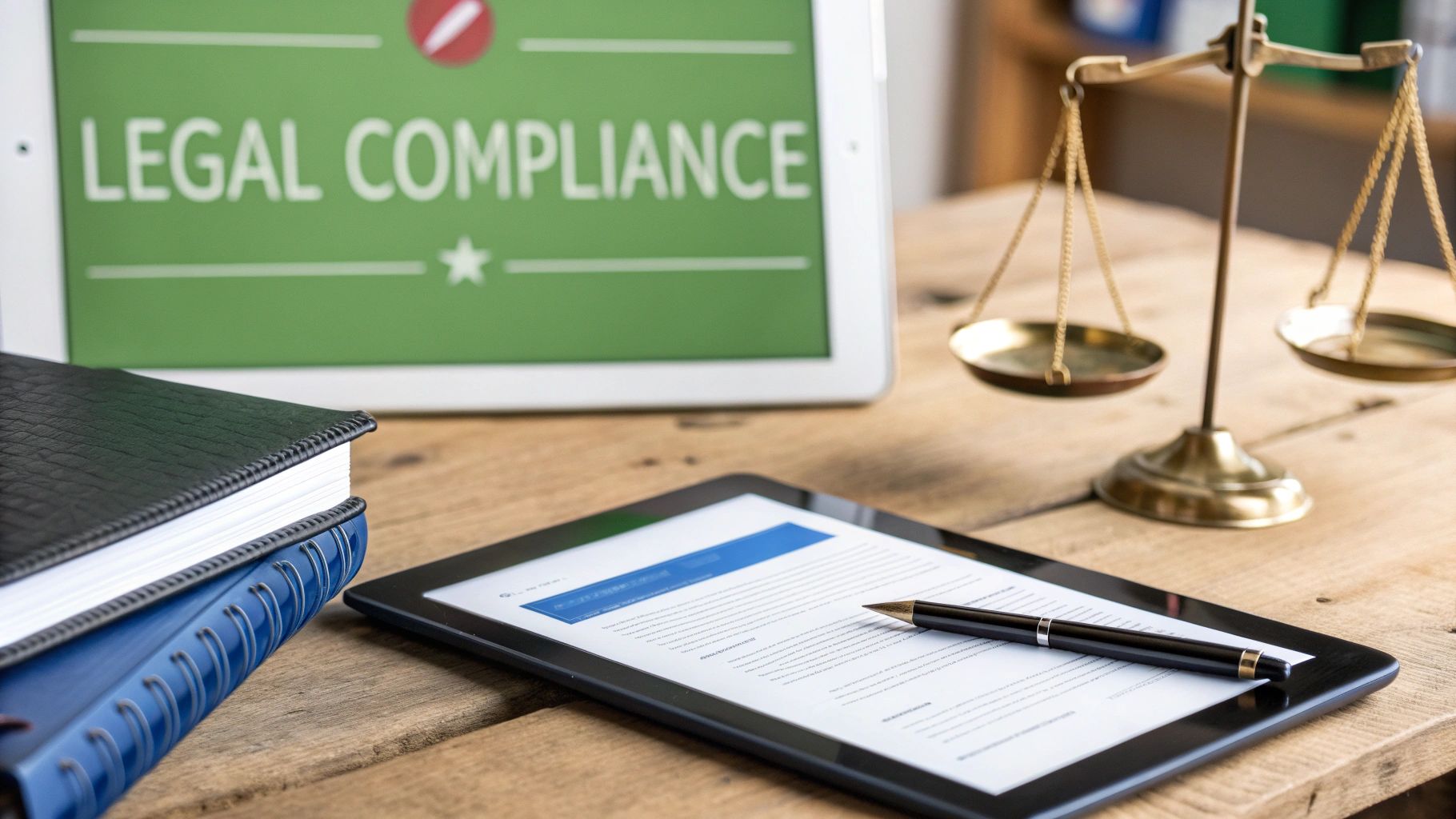 A scale of justice in a modern office, representing the balance of legal requirements in digital communication.