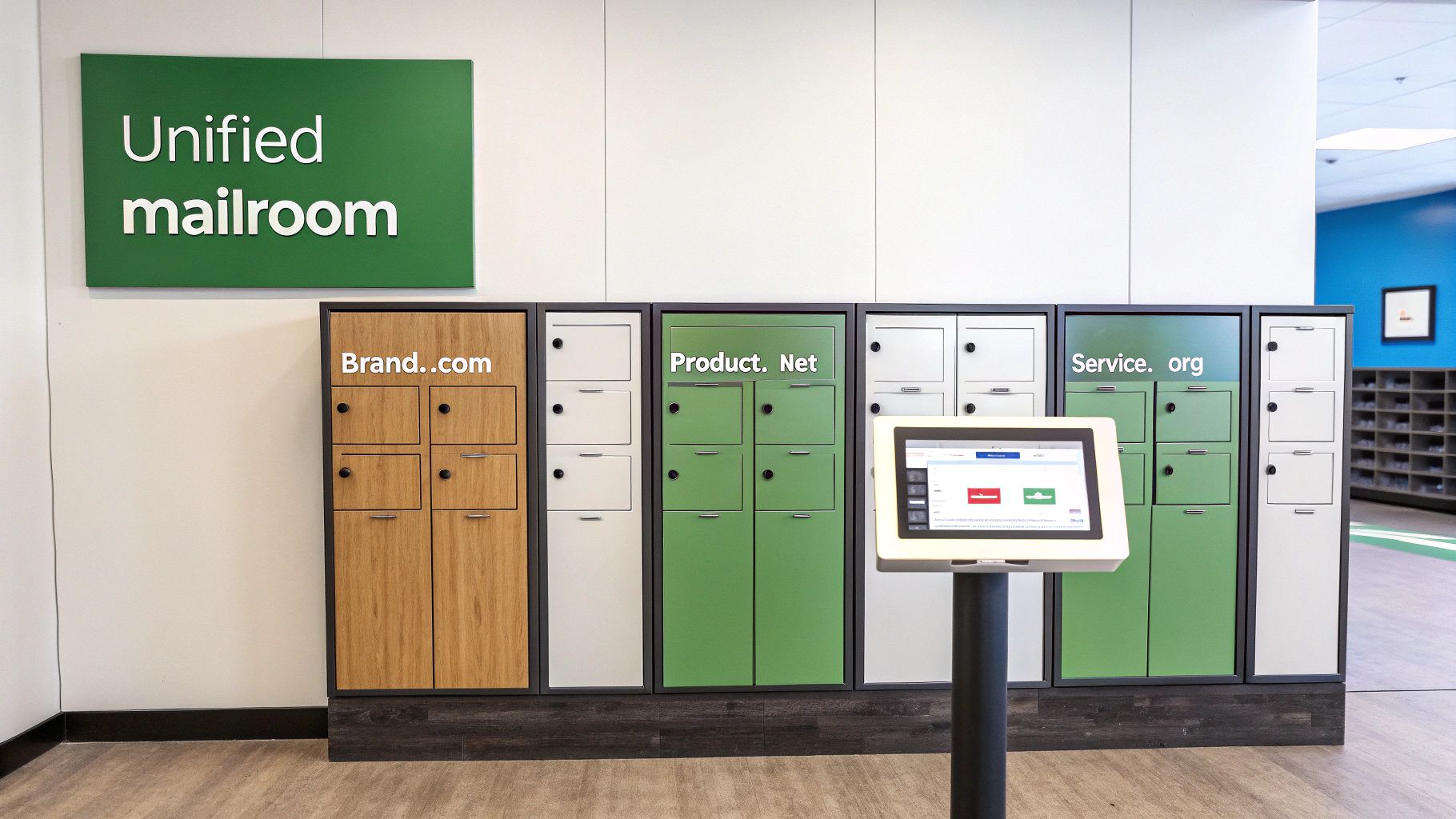 A person managing multiple email inboxes on a large screen, symbolizing centralized control.