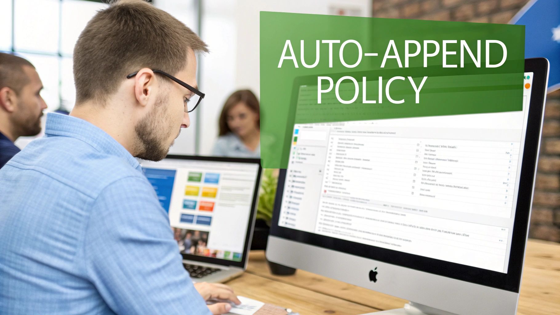 An organized desk with a computer, signifying the deployment of policies across a digital organization.