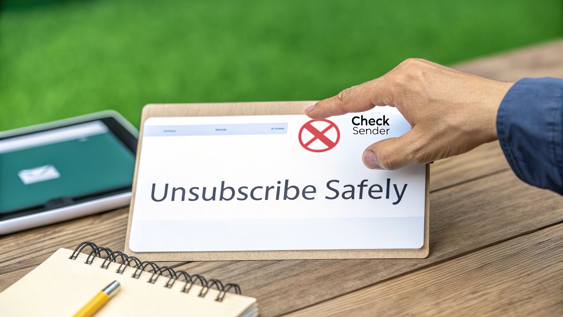 A person's hand hovering over an unsubscribe button on a laptop screen, with a thoughtful expression.
