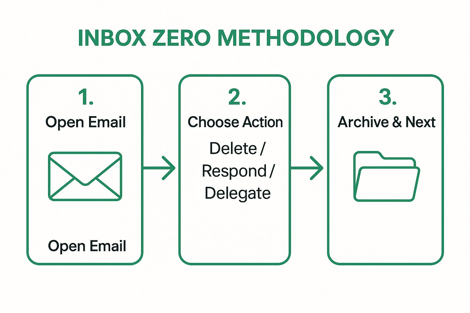 Infographic showing the three key steps of the Inbox Zero Methodology: 1. Open Email, 2. Choose Action (Delete/Respond/Delegate), 3. Archive & Next.