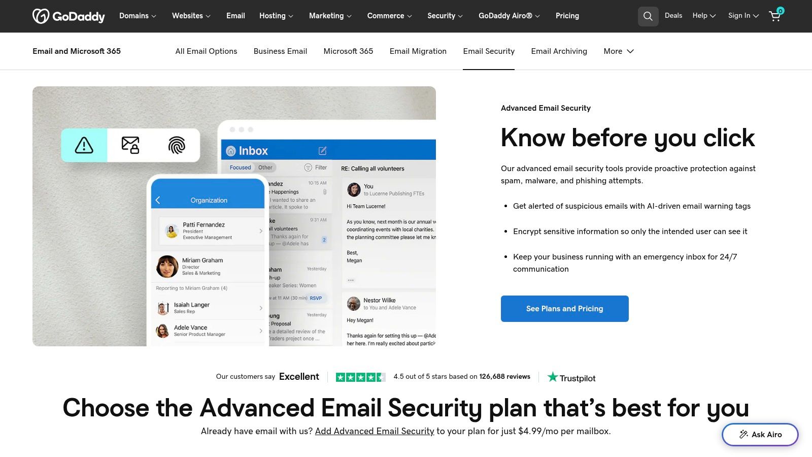 GoDaddy Microsoft 365 Email (with Advanced Email Security bundles)