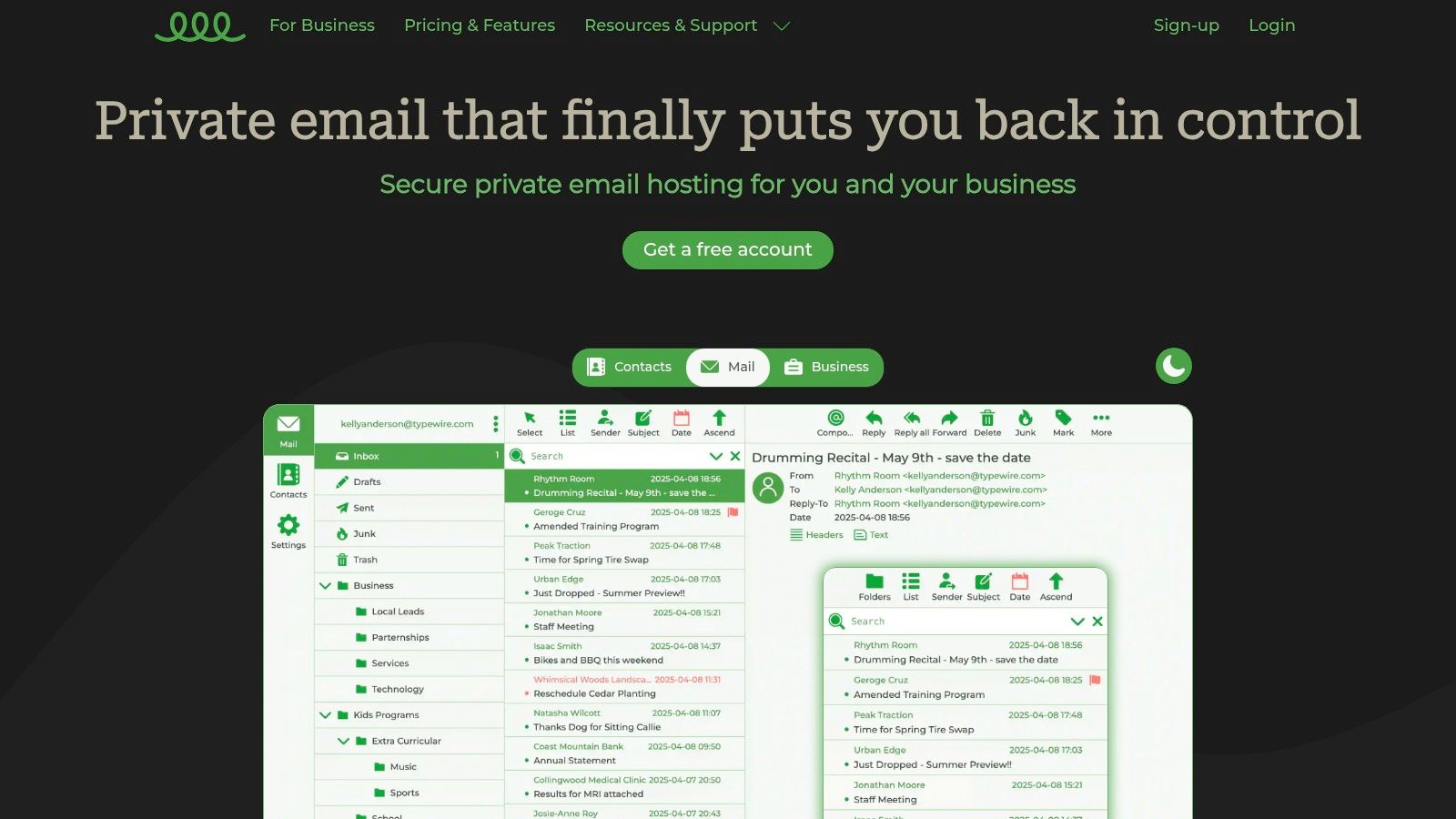 Typewire platform interface showing an inbox with a clean, modern design and options for light and dark mode.