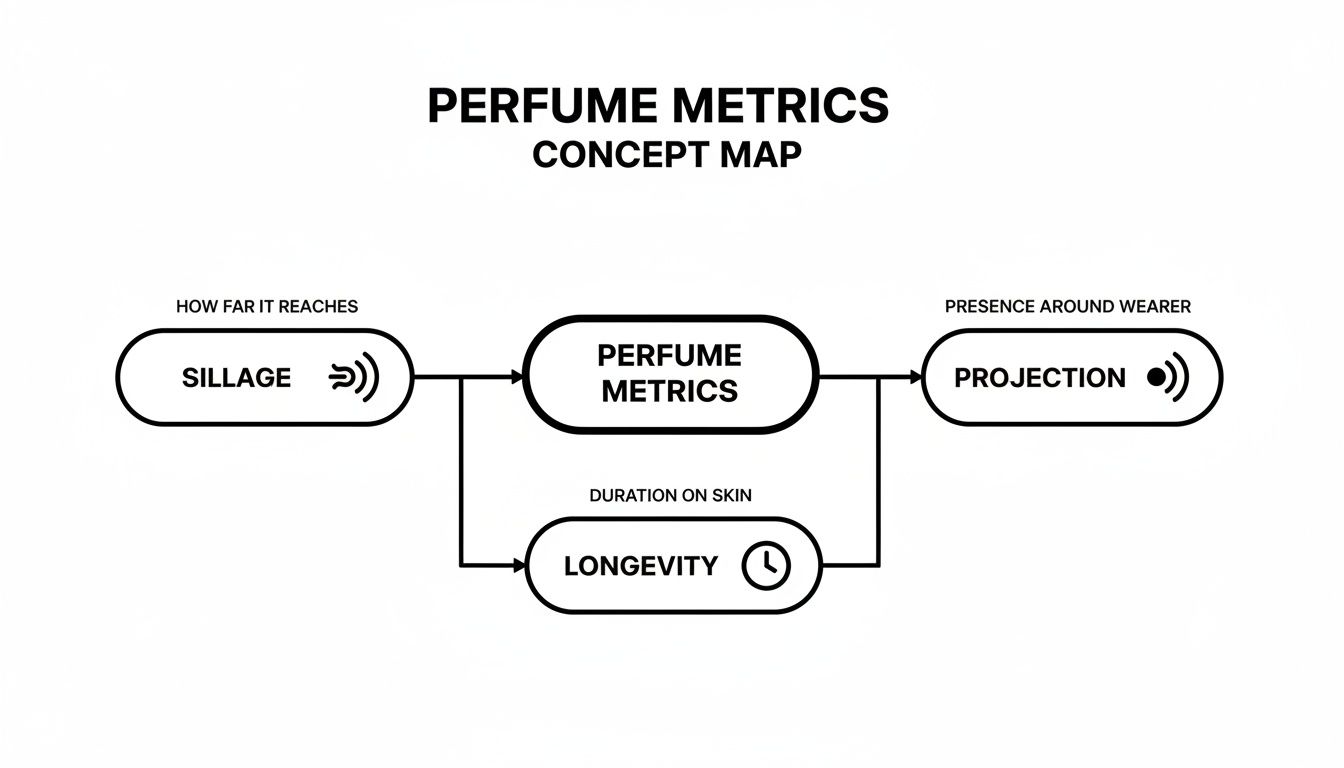 Concept map illustrating perfume metrics: sillage, longevity, and projection with their definitions.