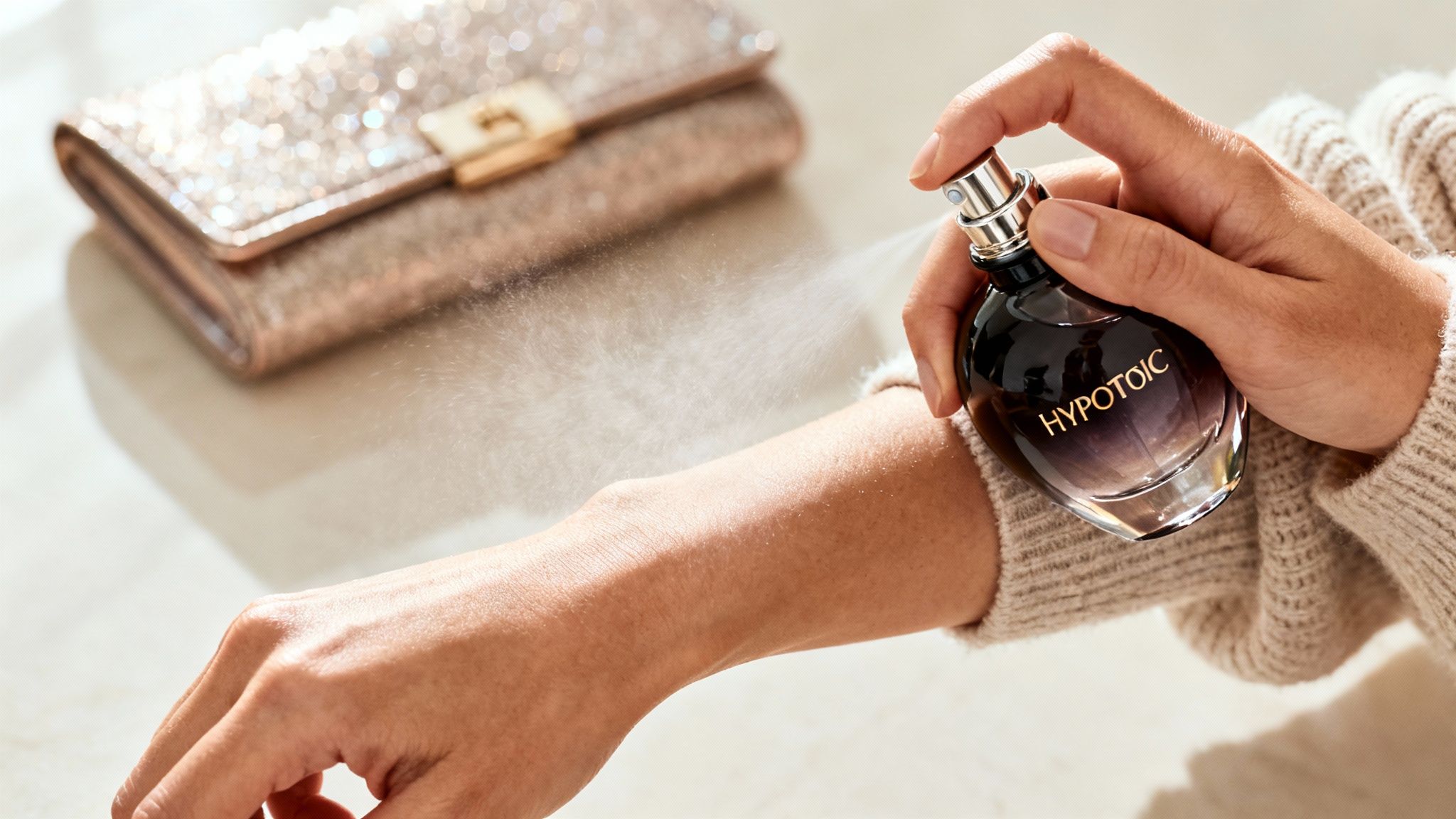A person sprays 'HYPOTOIC' perfume on their wrist, with a sparkling rose gold clutch in the background.