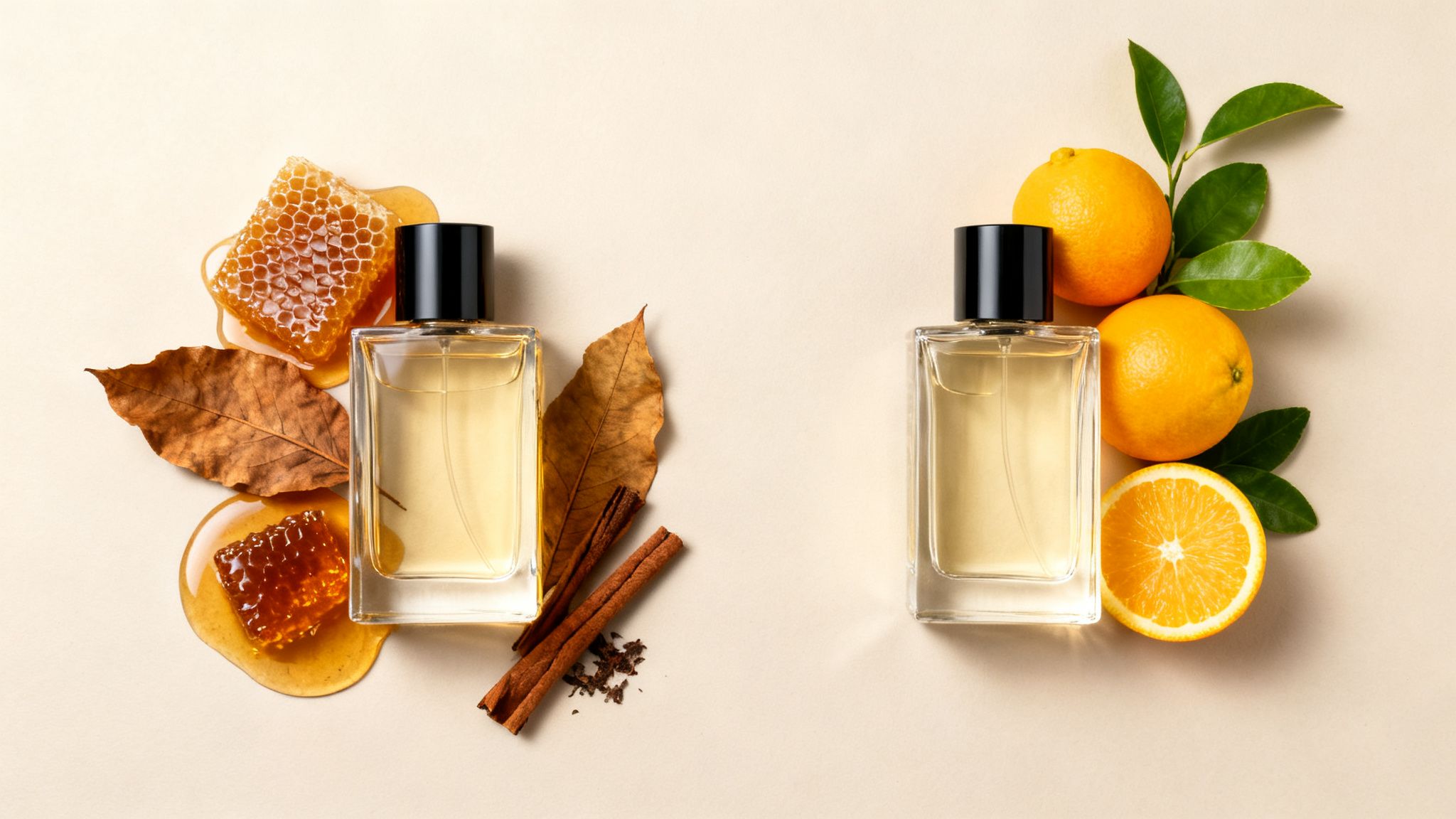 Two perfume bottles, one with honey, cinnamon, and dried leaves, the other with fresh oranges.
