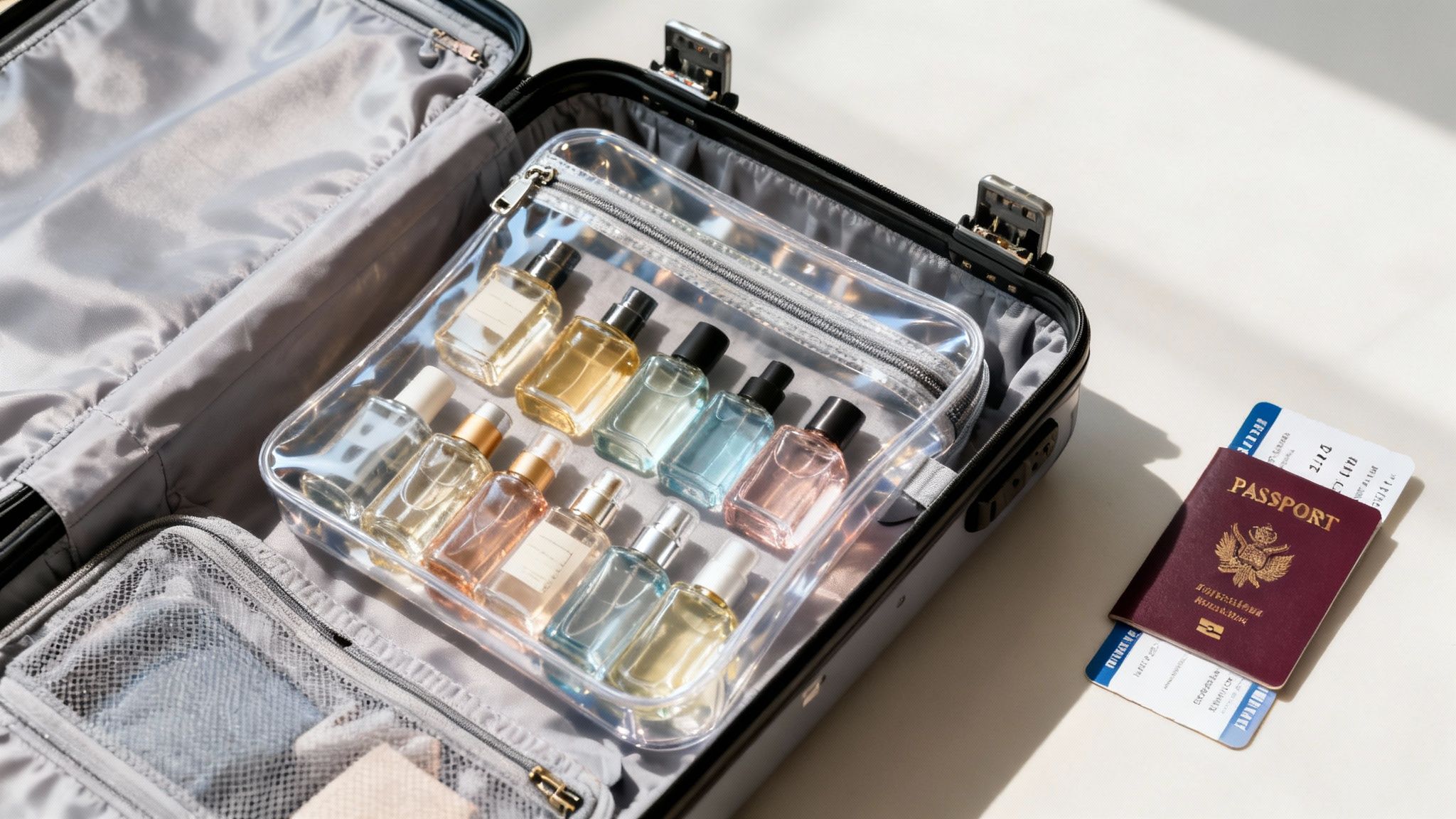 An open suitcase with a clear pouch of travel-size fragrances, a passport, and boarding passes.