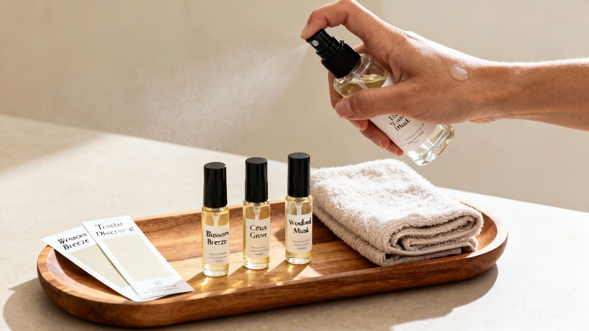 A hand sprays fragrance from a bottle, with three small perfume samples and a towel on a tray.