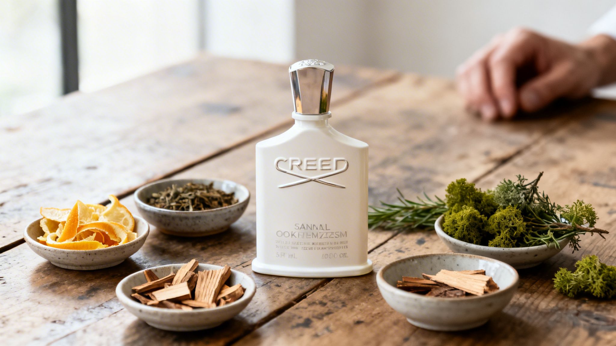 Creed Sandal fragrance bottle with natural ingredients like orange peel, wood, and moss on a wooden table.