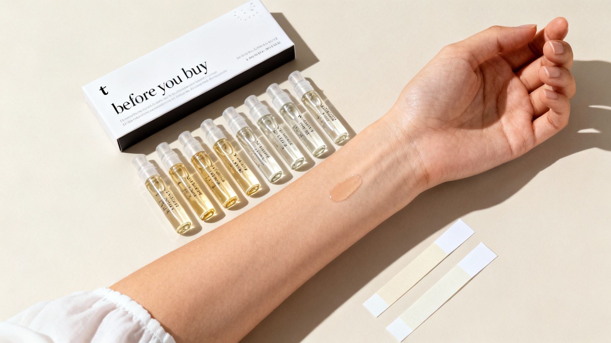 Close-up of a person's arm with a perfume sample drop, vials, and a 'before you buy' kit.