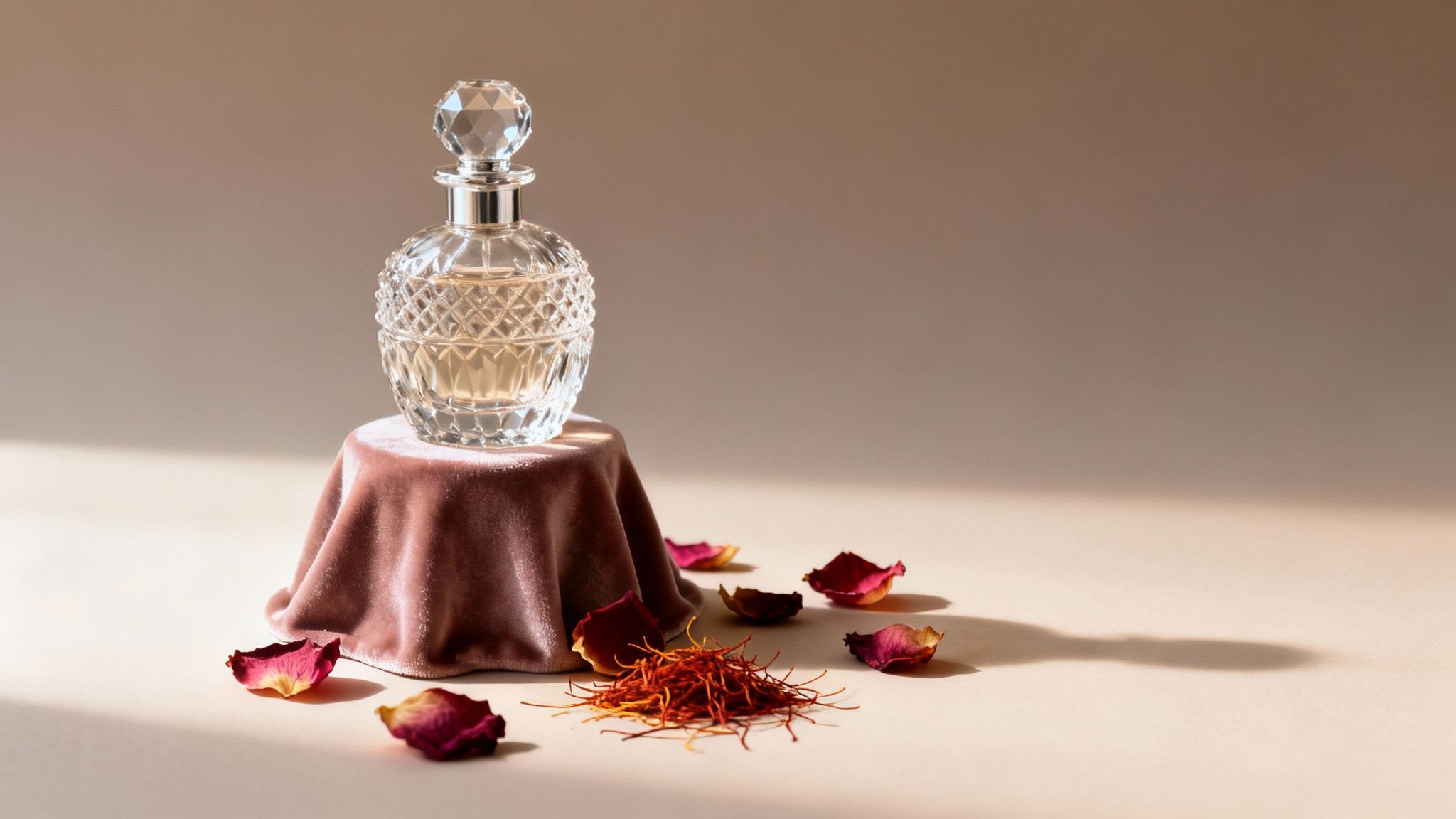 A crystal perfume bottle on a pink velvet stand with dried rose petals and saffron threads.
