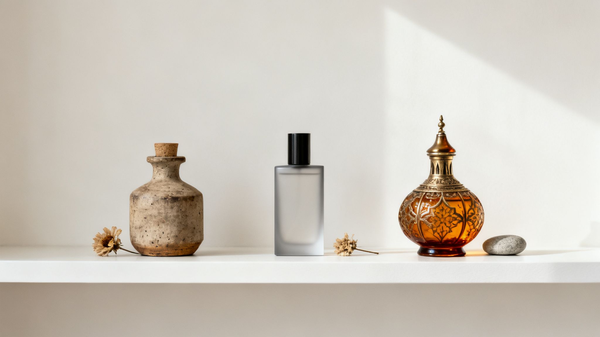 Three diverse perfume bottles, dried flowers, and a stone displayed on a clean white shelf.