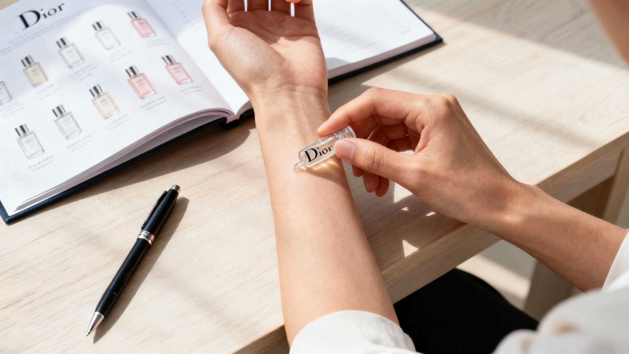Person applying a Dior perfume sample on their wrist, next to an open perfume catalog and a pen.