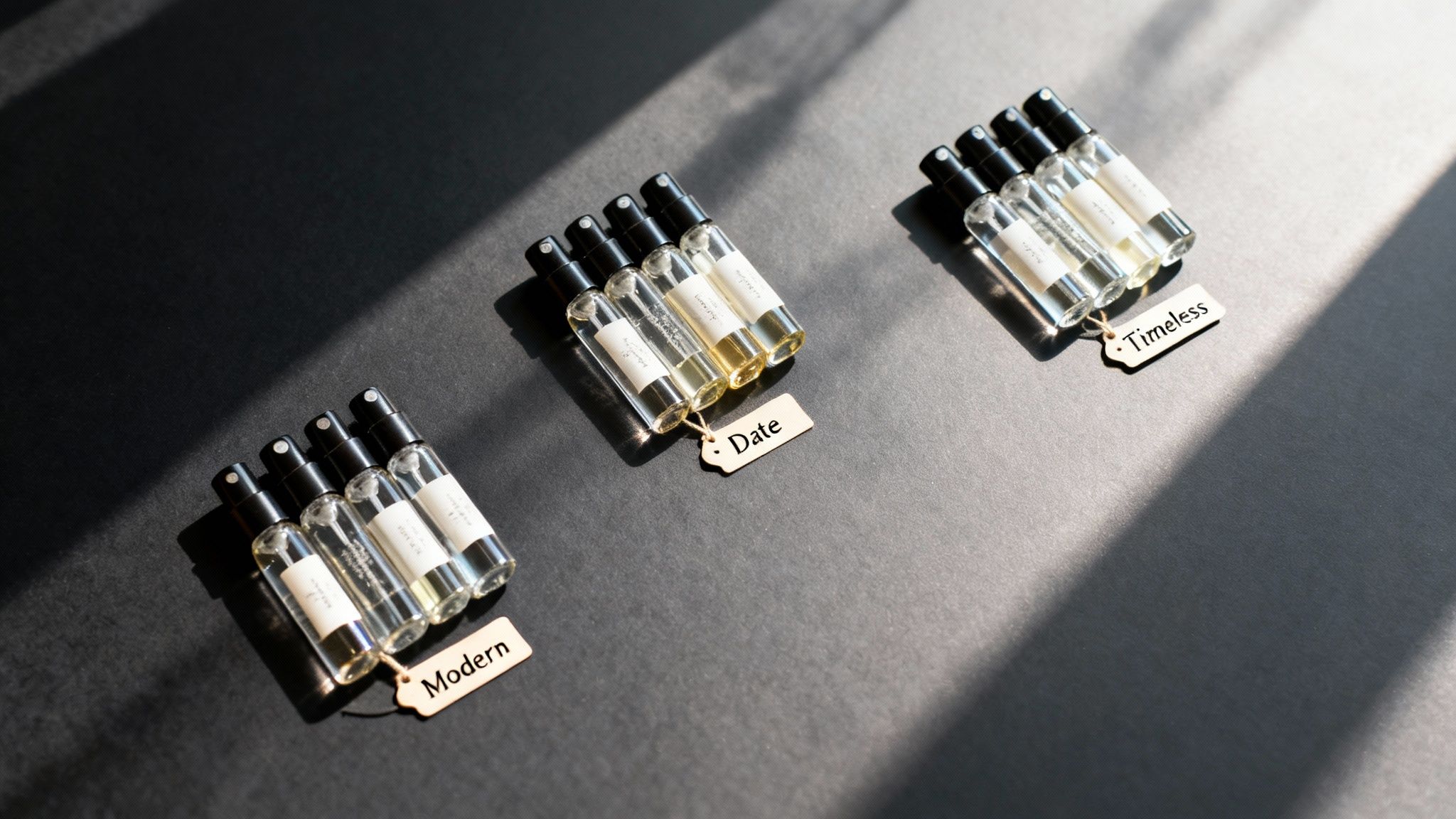 Three sets of fragrance sample bottles, labeled 'Modern', 'Date', and 'Timeless', on a dark surface.