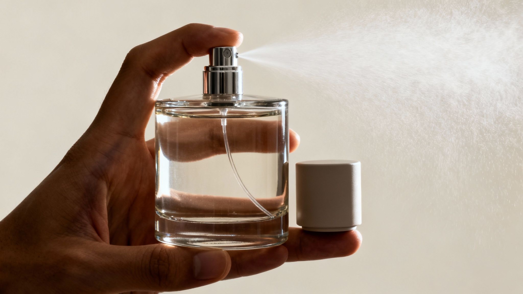 A hand holds a clear glass perfume bottle spraying a fine mist, with its cap off.