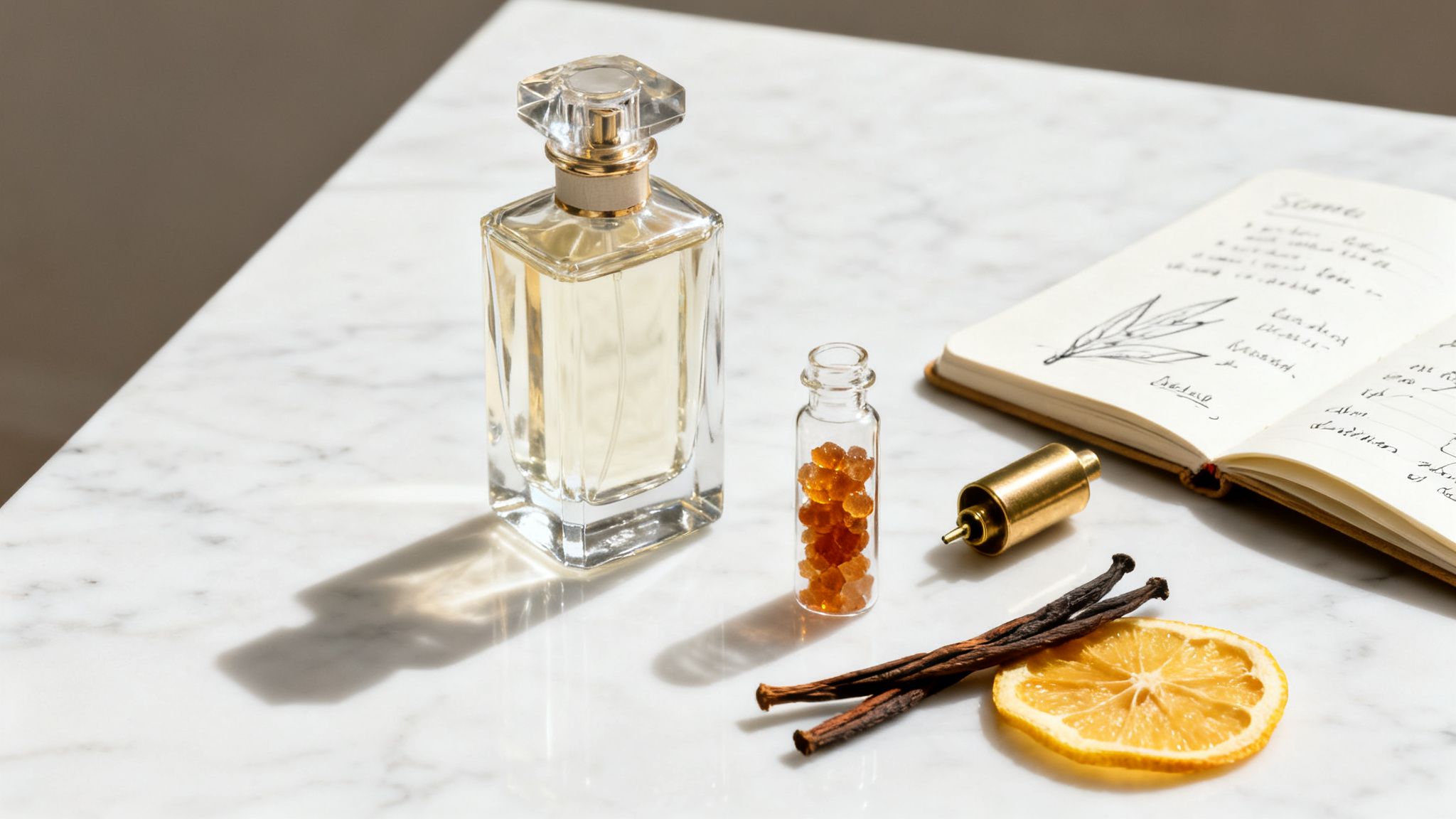 Fragrance ingredients like vanilla beans, a dried lemon slice, and amber beads near a perfume bottle.