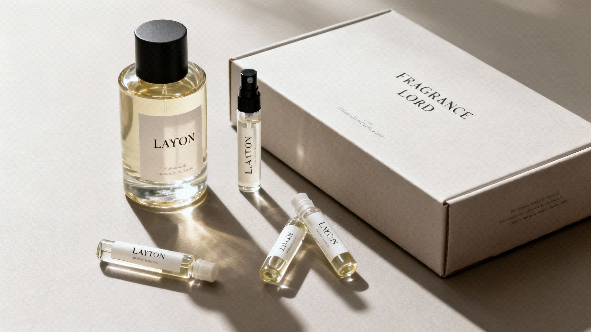 A collection of Layton fragrance items: a large bottle, a spray sample, two small vials, and a 'Fragrance Lord' box.