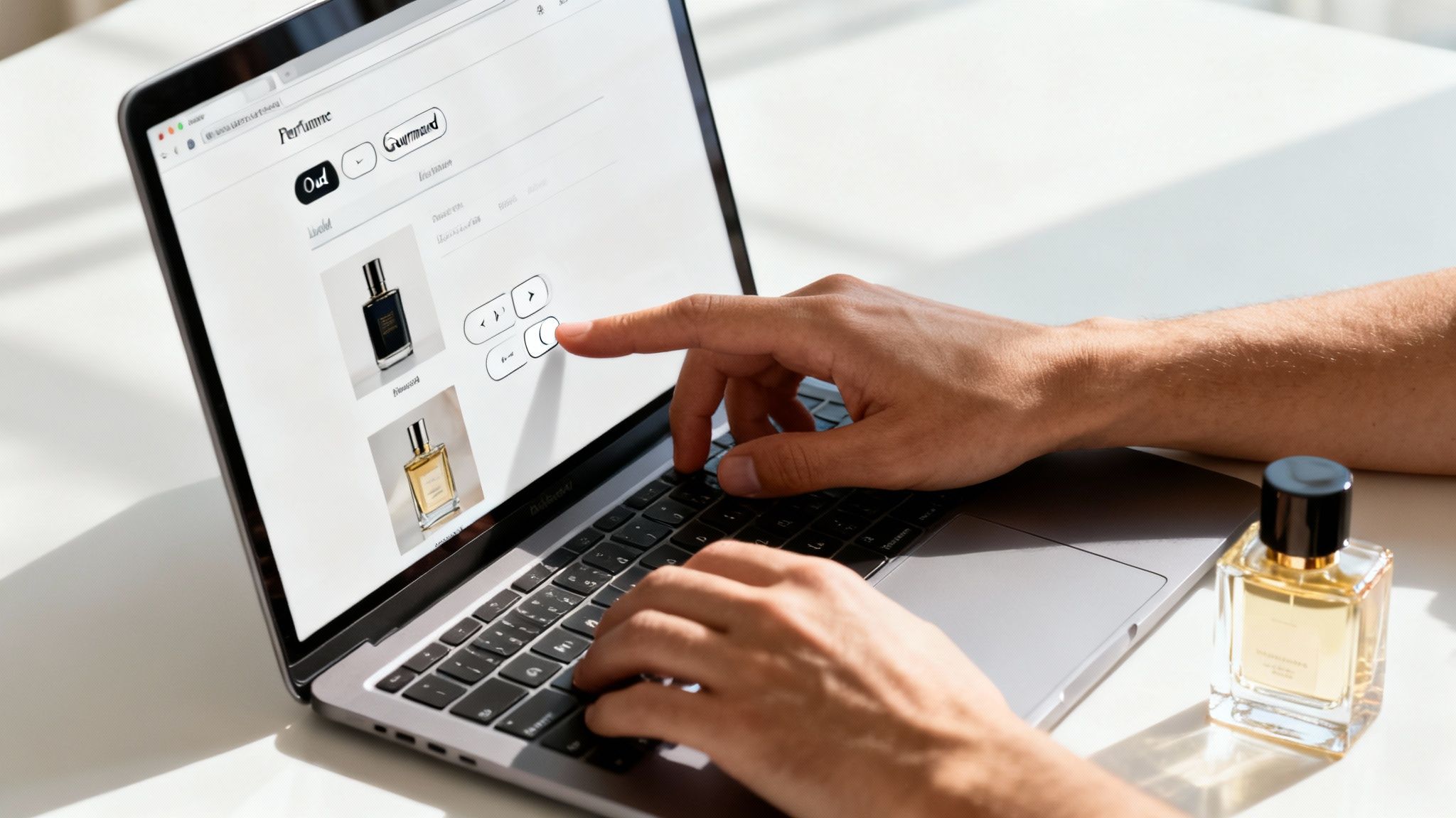 Hands browsing a perfume website on a laptop, with a fragrance bottle on the desk.