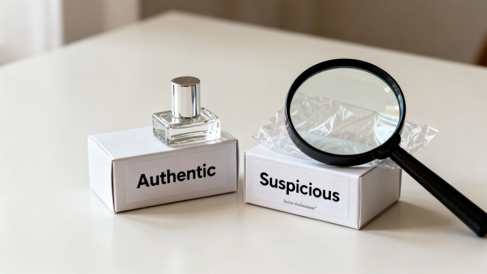 Two white boxes on a table, one with a perfume bottle labeled 'Authentic', the other 'Suspicious' with a magnifying glass.