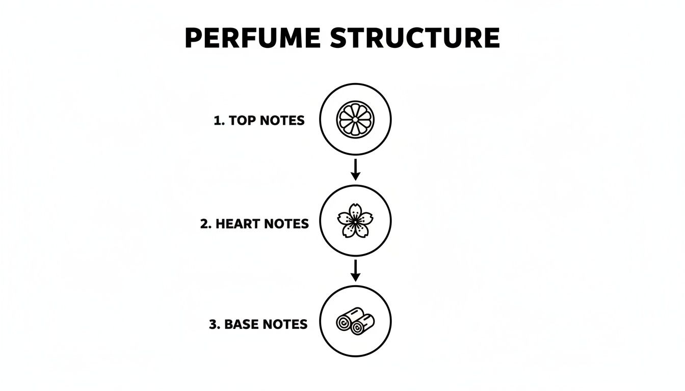 Infographic illustrating the three layers of perfume structure: top, heart, and base notes.