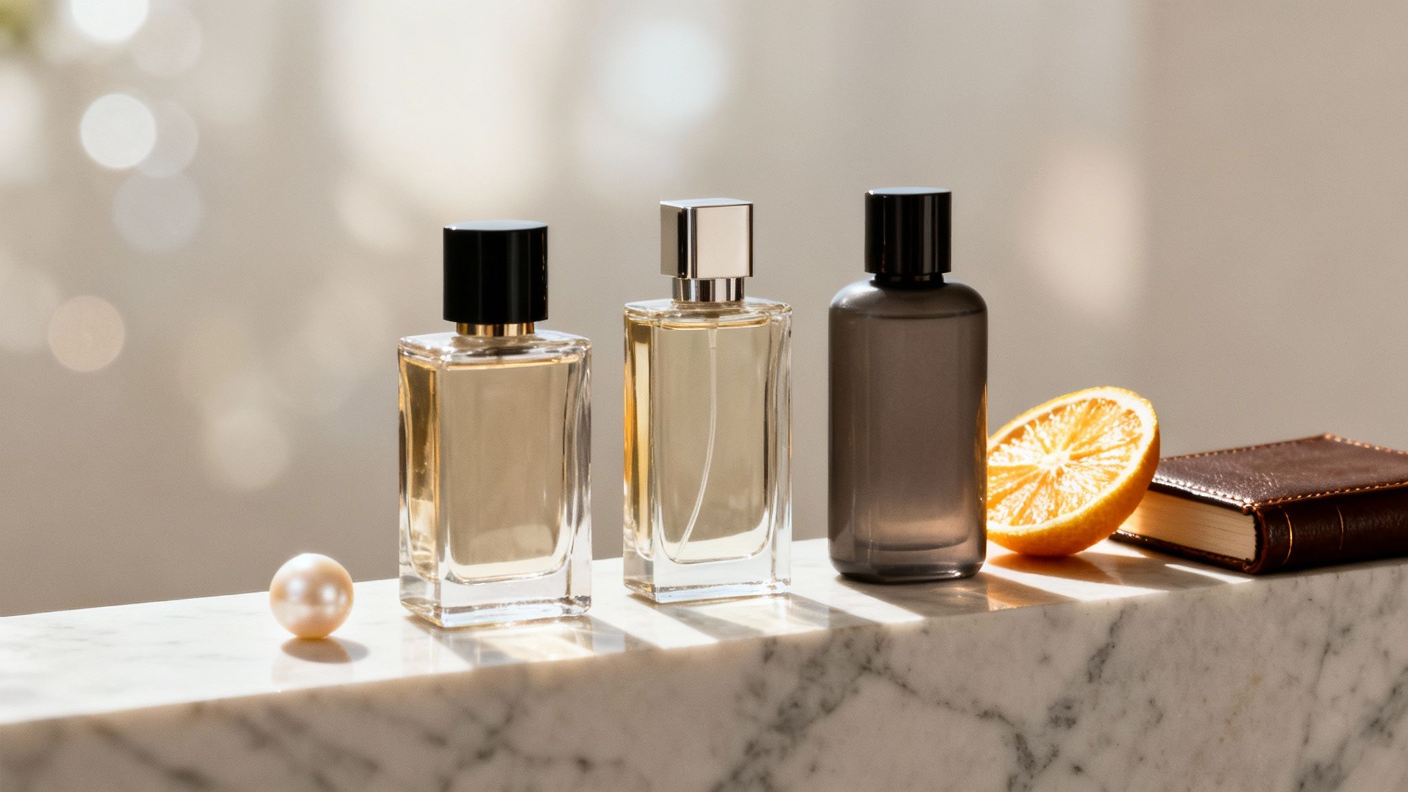 Three stylish perfume bottles, a pearl, an orange slice, and a book on a marble surface.