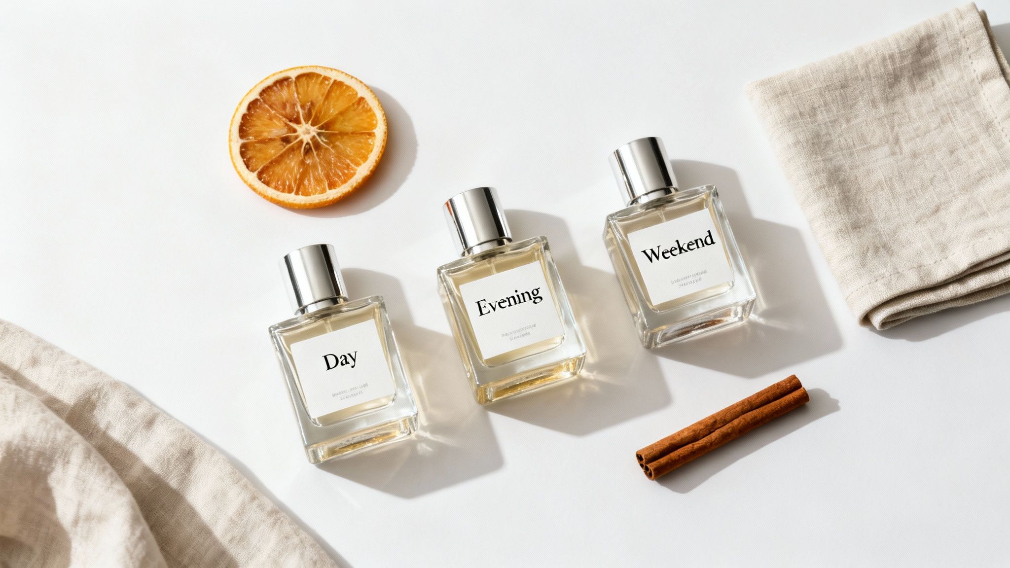 Three perfume bottles labeled Day, Evening, Weekend, with natural elements on a white surface.