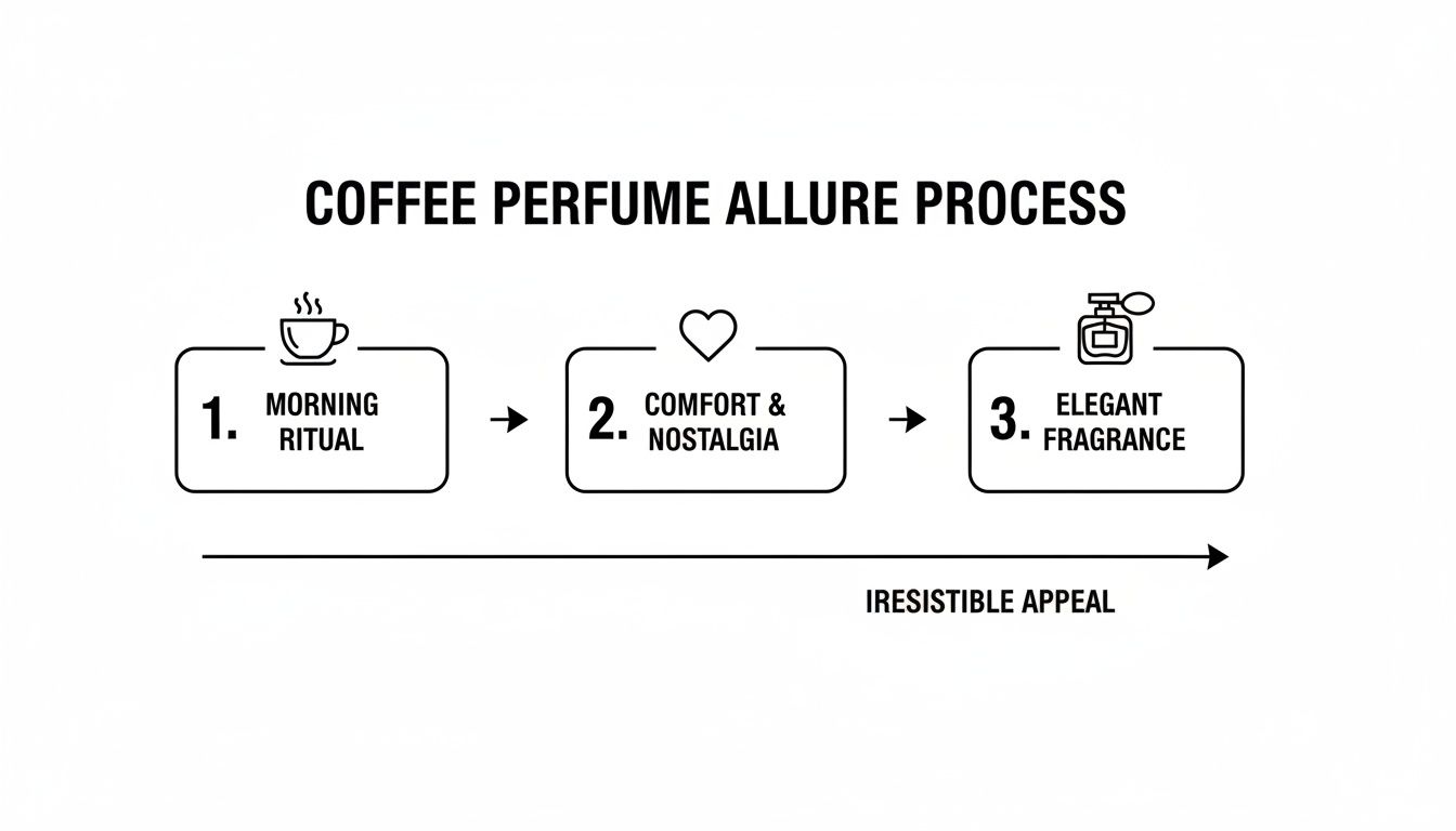 A diagram illustrates the coffee perfume allure process: Morning Ritual, Comfort & Nostalgia, leading to Elegant Fragrance and Irresistible Appeal.